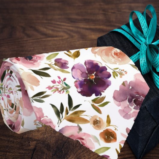 Paarse Cream Blush Pink Waterverf Floral Stropdas