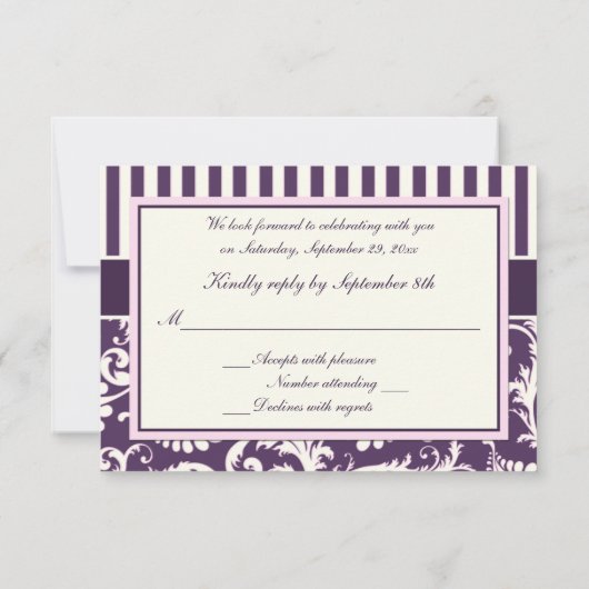 Paarse, Cream, en Roze Streep Damast Reply Kaart (Achterkant)