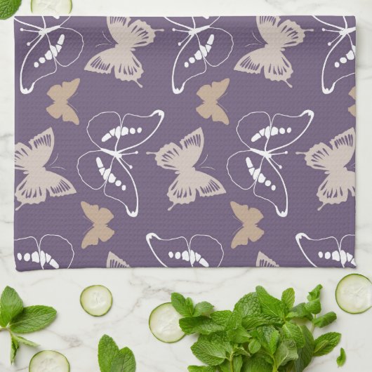 Paarse Cream Vlucht van Vlinders Theedoek (Gevouwen)