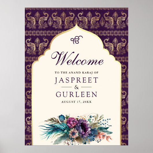 Paarse Crème Anand Karaj Bruiloft Welkomstbord Poster (Voorkant)