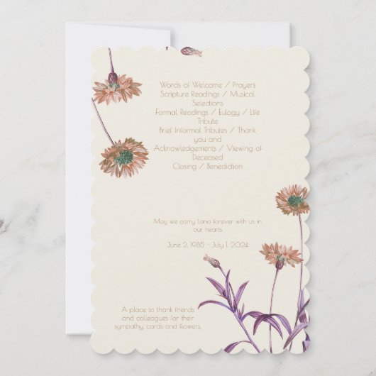  Paarse Crème Bloemen Foto Begrafenisprogramma Kaart (Achterkant)