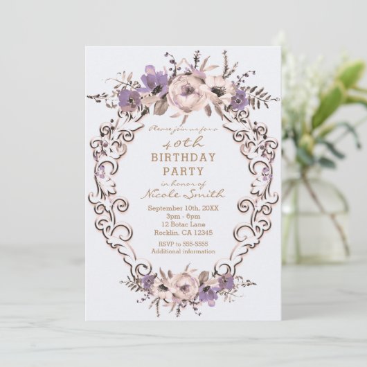 Paarse Crème Botanische Bloemen Verjaardagsfeest Kaart (Staand voorkant)