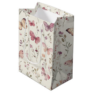 Paarse Crème Vlinders Bloemen Verjaardag Medium Cadeauzakje