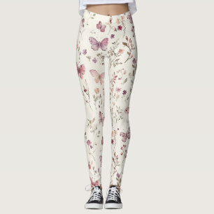 Paarse Crème Vlinders Bloemig Leggings