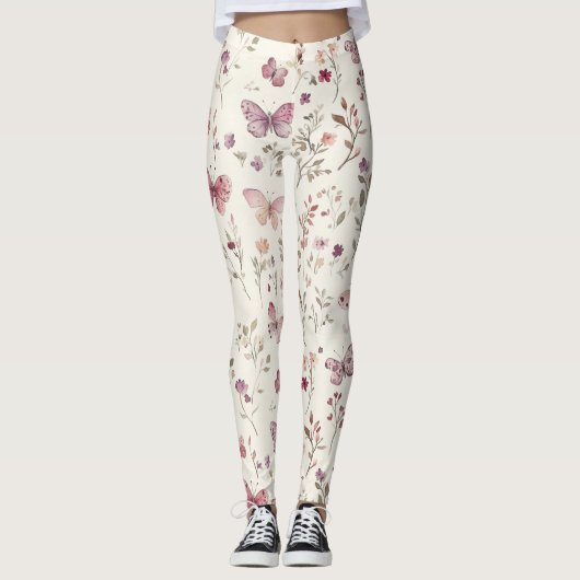 Paarse Crème Vlinders Bloemig Leggings (Voorkant)