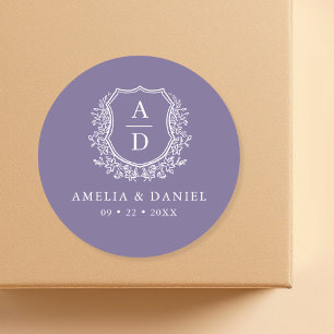 Paarse Crest Bloemen Moderne Monogram Trouwen Ronde Sticker