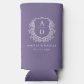 Paarse Crest Botanische Monogram Huwelijk Seltzer Blikjeskoeler (Achterkant)