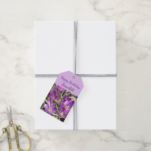 Paarse Crocus Birthday Cadeaulabel (Met Touw)