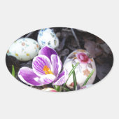 Paarse crocus en haaspaaseieren ovale sticker (Voorkant)