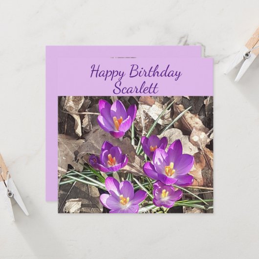 Paarse Crocus Flat Birthday Card Kaart (Voorkant / Achterkant in situ)