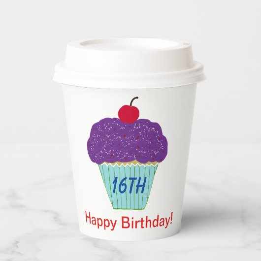 Paarse cupcake 16e verjaardagsfeestje papieren bekers (Voorkant)