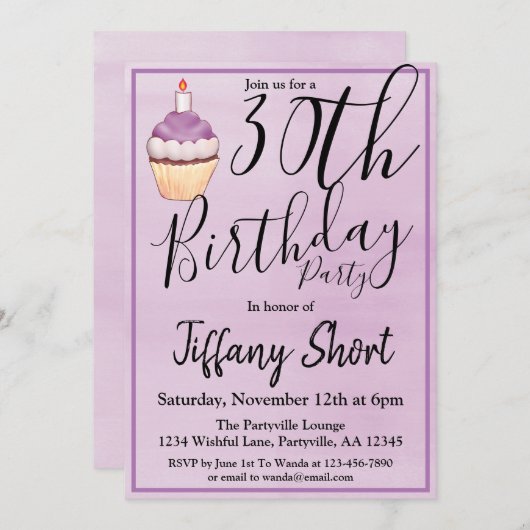 Paarse Cupcake 30e verjaardag Kaart (Voorkant / Achterkant)