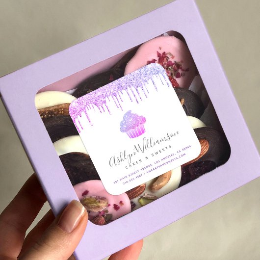 Paarse cupcake bakkerij gebak chef glitter druppel vierkante sticker