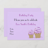 Paarse Cupcake Birthday Party Invitation Kaart (Voorkant / Achterkant)