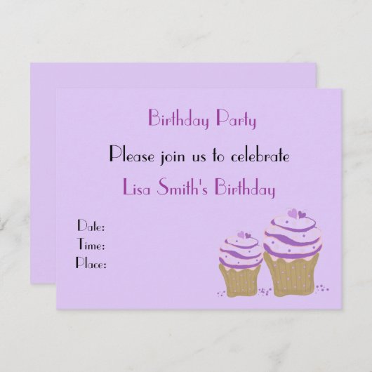 Paarse Cupcake Birthday Party Invitation Kaart (Voorkant / Achterkant)