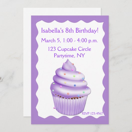 Paarse Cupcake Birthday Uitnodiging (Voorkant / Achterkant)