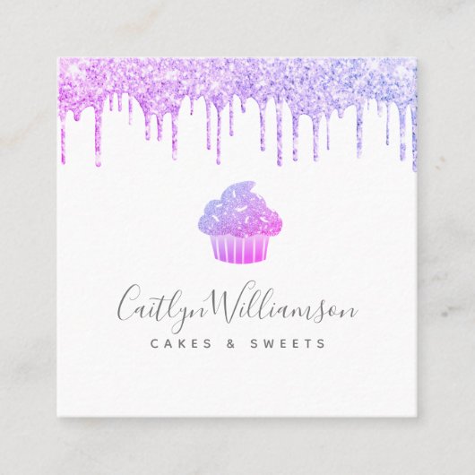 Paarse cupcake glitter druppels banketbakkerij vierkante visitekaartje (Voorkant)