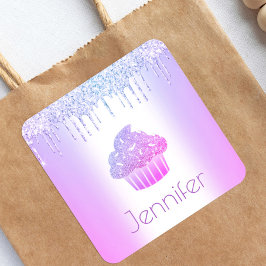 Paarse cupcake glitter druppelt moderne meisjesnaa vierkante sticker