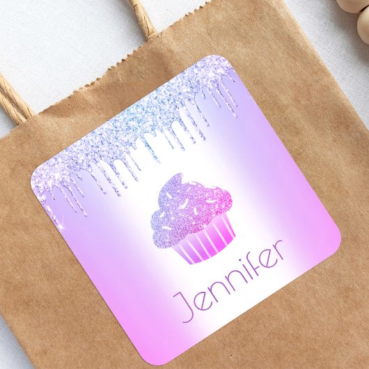 Paarse cupcake glitter druppelt moderne meisjesnaa vierkante sticker