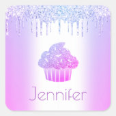 Paarse cupcake glitter druppelt moderne meisjesnaa vierkante sticker (Voorkant)