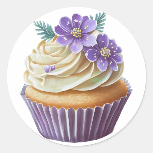 Paarse cupcake met bloemetjes verjaardag ronde sticker (Voorkant)