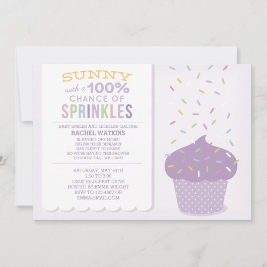 Paarse Cupcake Spikkels Baby Shower Uitnodiging (Voorkant)