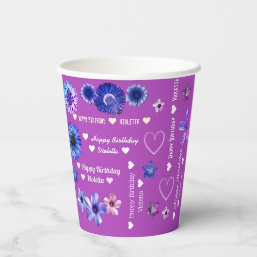 Paarse Cute Girly Floral Name Happy Birthday Papieren Bekers (Achterkant)