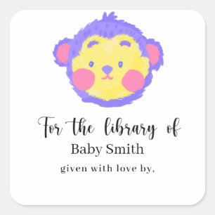 Paarse cute Monkey Baby Shower Bibliotheek Vierkante Sticker