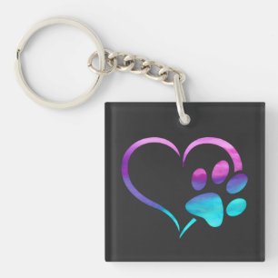 Paarse Cyaan Hond Poot Afdruk Hart Sleutelhanger