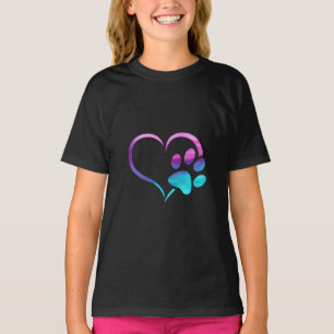 Paarse Cyaan Hond Pootafdruk Hart  T-shirt