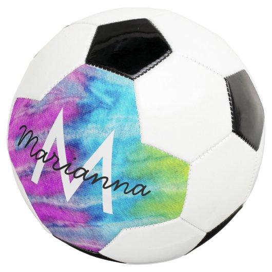Paarse Cyaan Tie Dye Name and Initiaal Personalize Voetbal (Drie kwart)
