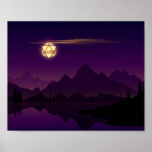 Paarse D20-desktop met Full Moon Tabletop RPG Poster