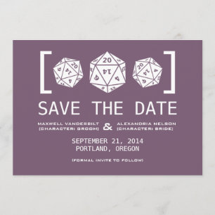Paarse D20-desktop met gamer Save the Date Invite