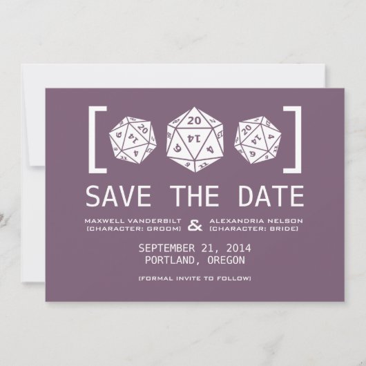 Paarse D20-desktop met gamer Save the Date Invite (Voorkant)