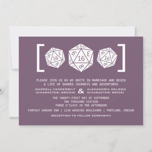 Paarse D20 Dice Gamer Wedding Invitation Kaart (Voorkant)