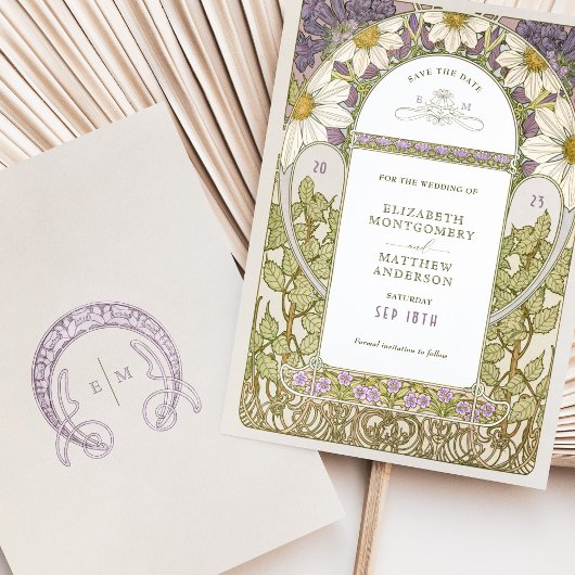 Paarse Dagen Opslaan Datum  Art Nouveau Mucha Kaart