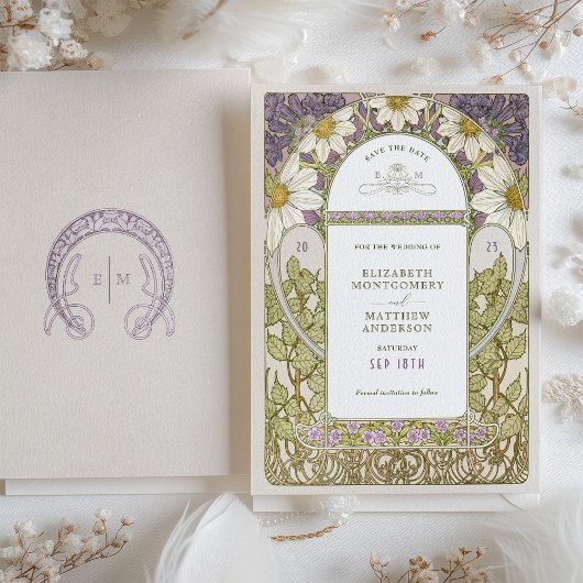 Paarse Dagen Opslaan Datum Art Nouveau Mucha Kaart