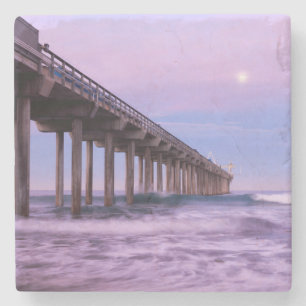 Paarse dageraad boven pier, Californië Stenen Onderzetter