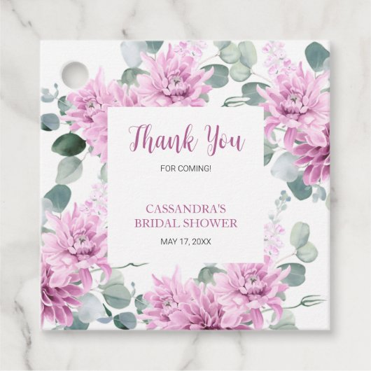 Paarse Dahlia Eucalyptus Botanische Bruidsdouche Bedankjes Labels (Voorkant)