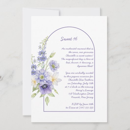 Paarse Daisies, Anemones, Floral Arch Sweet 16 Kaart (Voorkant)