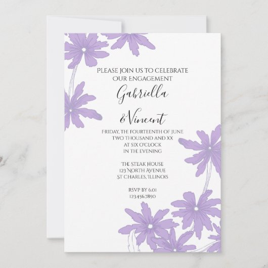 Paarse Daisies over de Witte Ingagement Party Kaart (Voorkant)