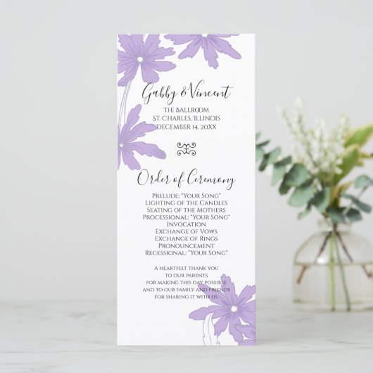 Paarse Daisies over het programma van het witte hu Programmakaart (Staand voorkant)