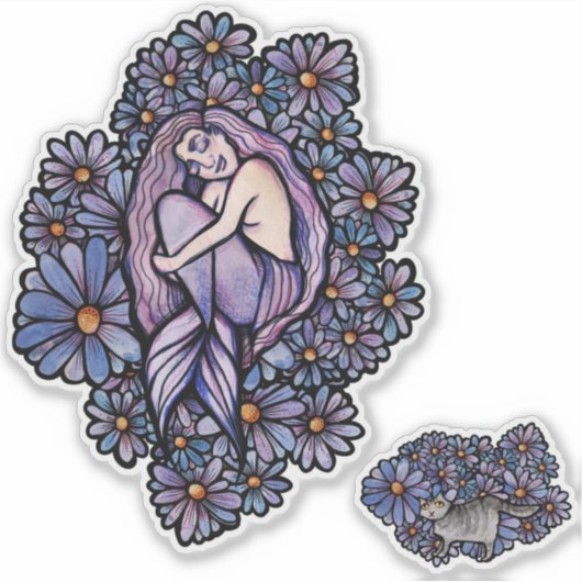 Paarse Daisies Slapende Zeemeermin Sticker (Voorkant)