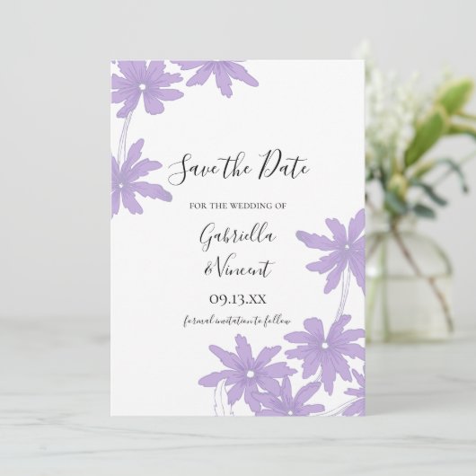 Paarse Daisies Wedding Save the Date (Staand voorkant)