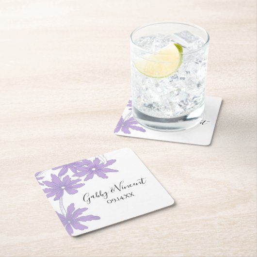 Paarse Daisies Wedding Square Paper Onderzetter (Insitu)