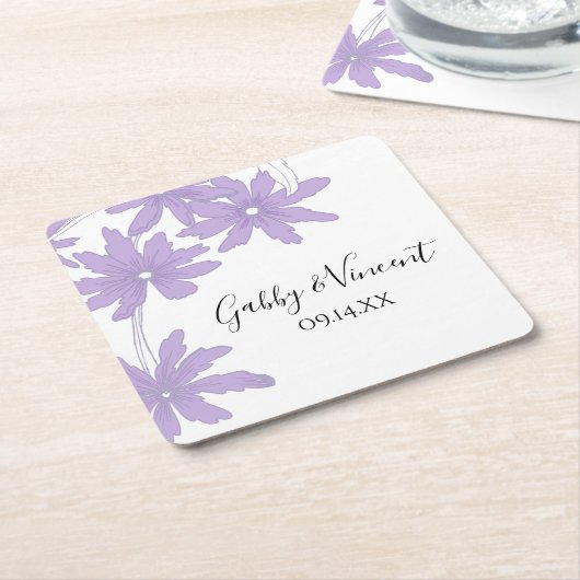 Paarse Daisies Wedding Square Paper Onderzetter (Schuin)