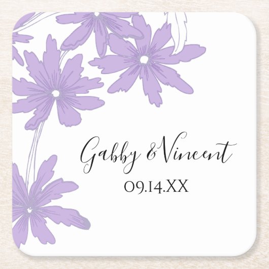 Paarse Daisies Wedding Square Paper Onderzetter (Voorkant)
