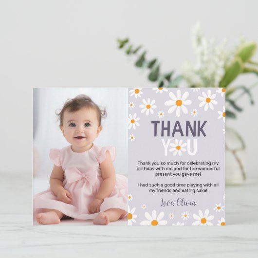 Paarse Daisy 1e Verjaardagsfoto Dank u kaart (Staand voorkant)