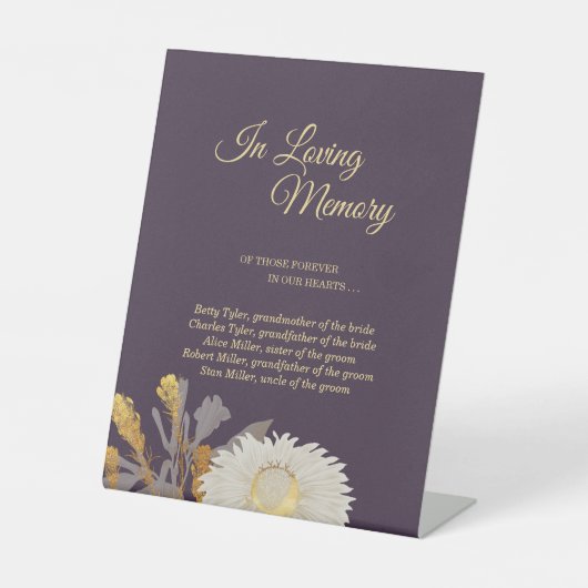 Paarse Daisy Antiek bruiloft in liefdevol geheugen Reclamebord Met Voetstuk (Voorkant)