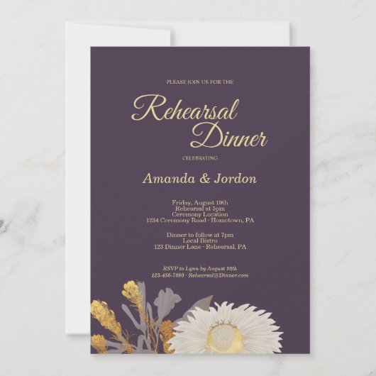 Paarse Daisy Antiek Rehearsal Dinner Invitation Kaart (Voorkant)